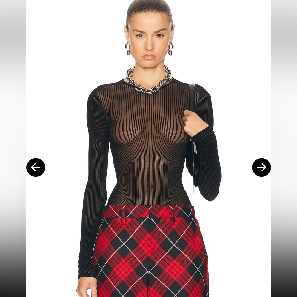 NWT Jean Paul Gaultier The Morphing Pinstripe Flocked Long Sleeve Sheer Mesh Top